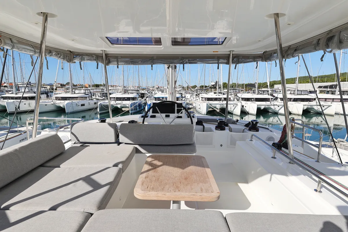 Cockpit of APOLON, a Lagoon 51 catamaran at Sukošan, Croatia