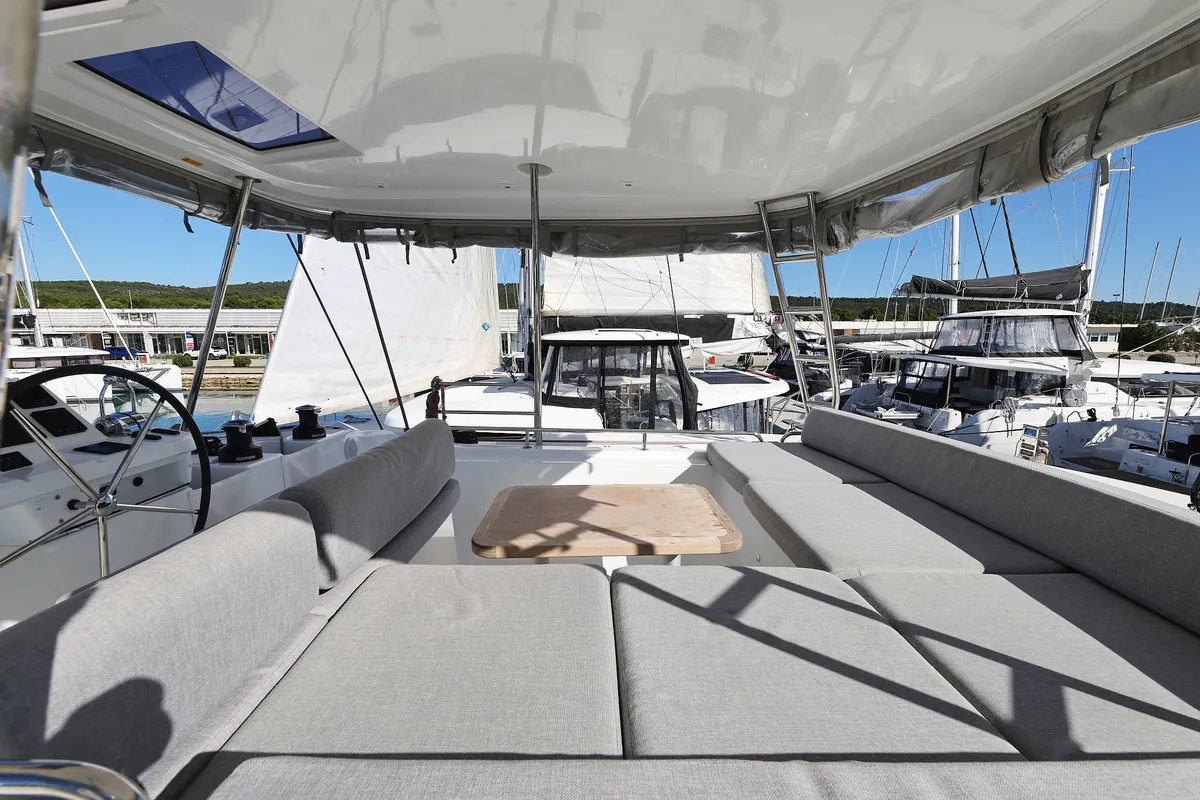 Deck of APOLON, a Lagoon 51 catamaran at Sukošan, Croatia