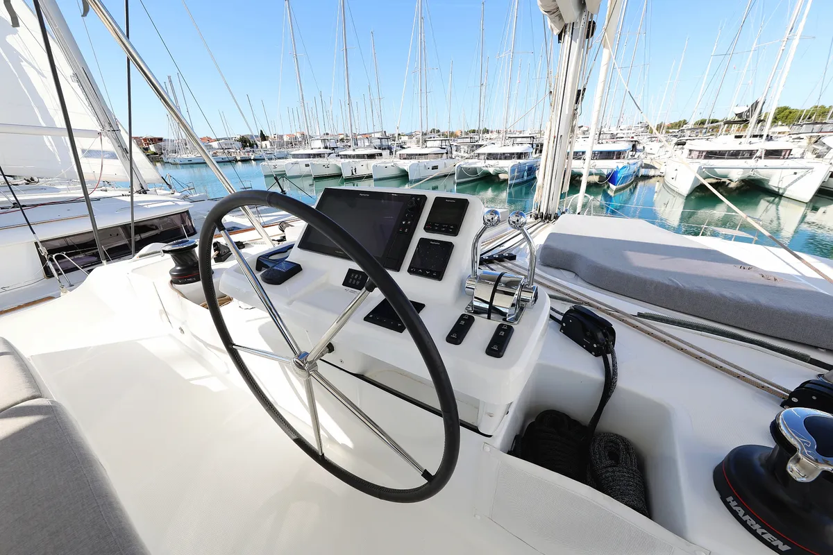 Cockpit of APOLON, a Lagoon 51 catamaran at Sukošan, Croatia