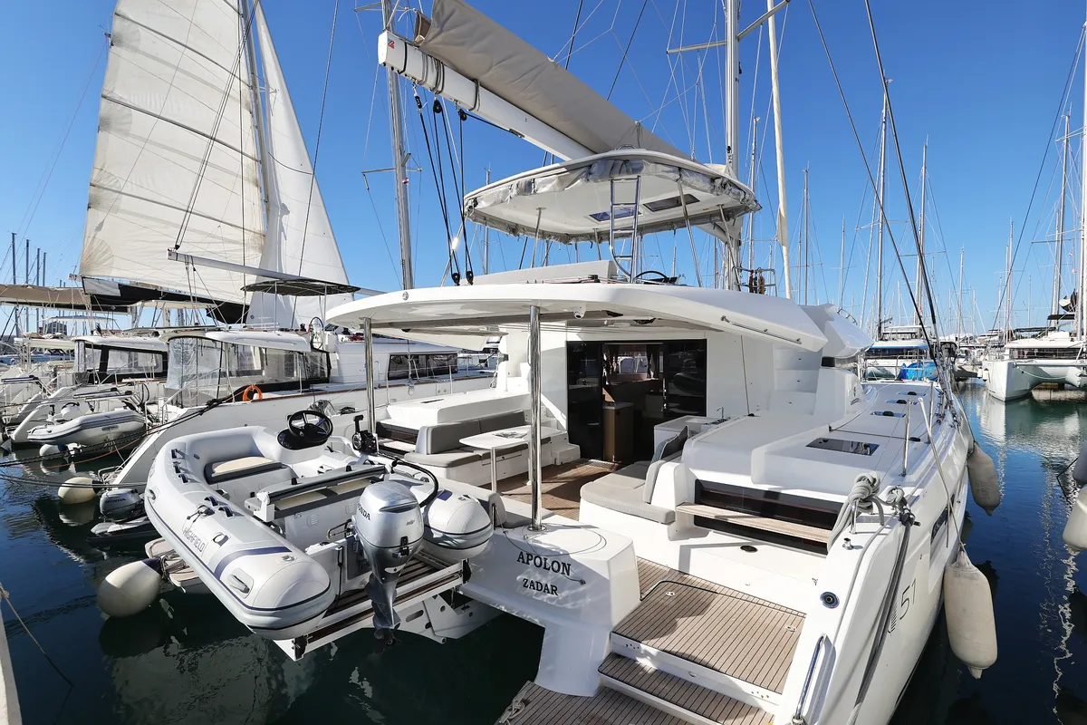 Exterior view of APOLON, a Lagoon 51 catamaran at Sukošan, Croatia