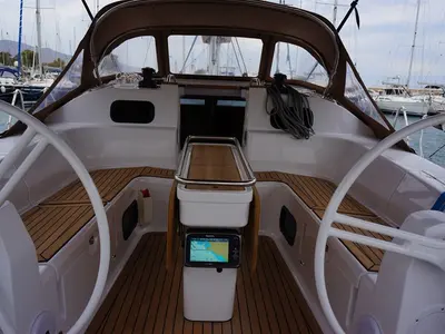 Cockpit of Alkistis, a Elan Impression 45 sailboat at Kontokali, Greece