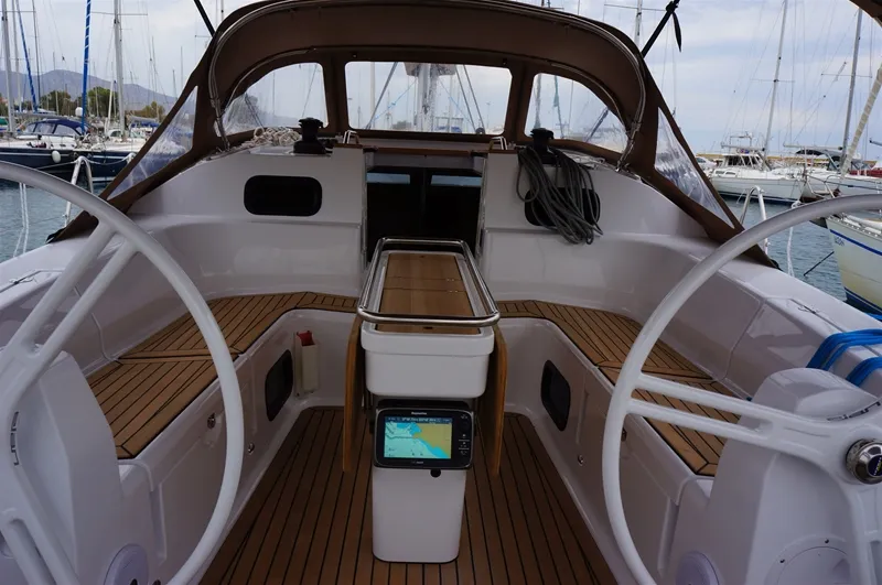 Cockpit of Alkistis, a Elan Impression 45 sailboat at Kontokali, Greece