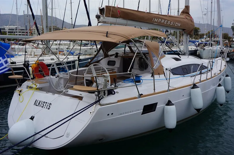 Exterior view of Alkistis, a Elan Impression 45 sailboat at Kontokali, Greece