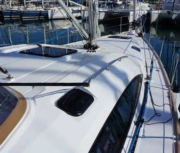 Deck of Alkistis, a Elan Impression 45 sailboat at Kontokali, Greece