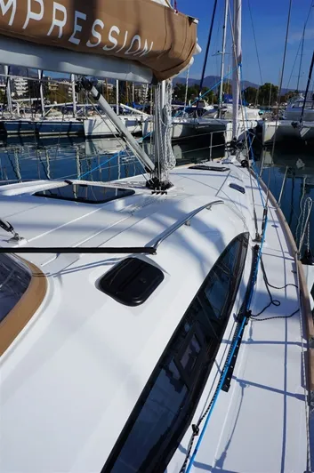 Deck of Alkistis, a Elan Impression 45 sailboat at Kontokali, Greece