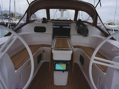 Cockpit of Alkistis, a Elan Impression 45 sailboat at Kontokali, Greece