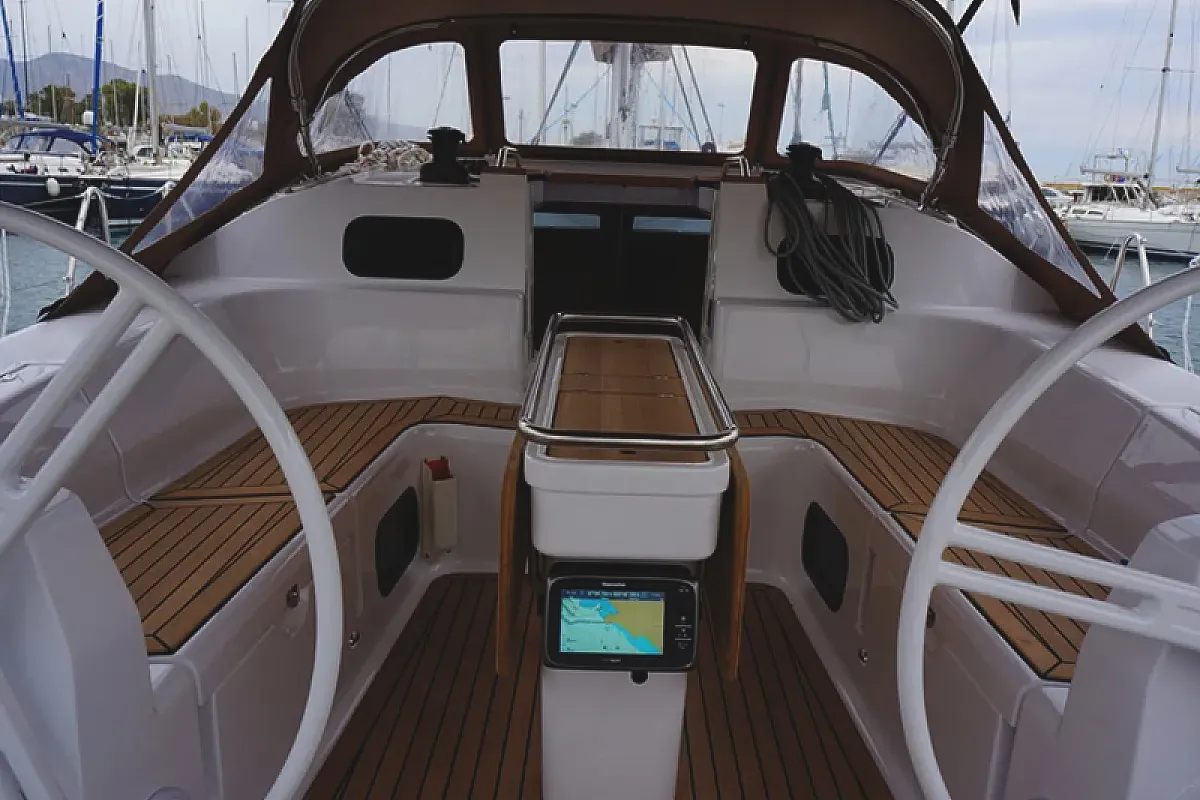 Cockpit of Alkistis, a Elan Impression 45 sailboat at Kontokali, Greece