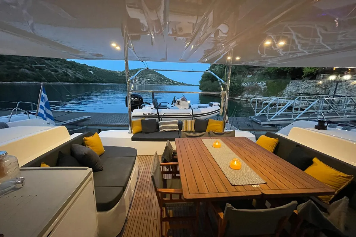 Deck of OZELO, a Lagoon 50 catamaran at Municipal Unit of Lefkada, Greece