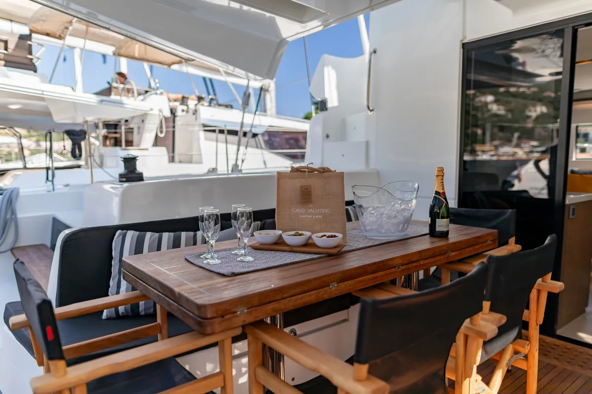 Deck of OZELO, a Lagoon 50 catamaran at Municipal Unit of Lefkada, Greece