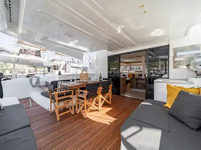 Deck of OZELO, a Lagoon 50 catamaran at Municipal Unit of Lefkada, Greece