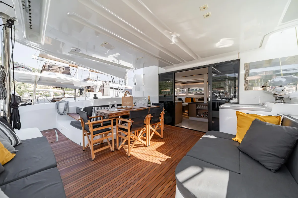 Deck of OZELO, a Lagoon 50 catamaran at Municipal Unit of Lefkada, Greece