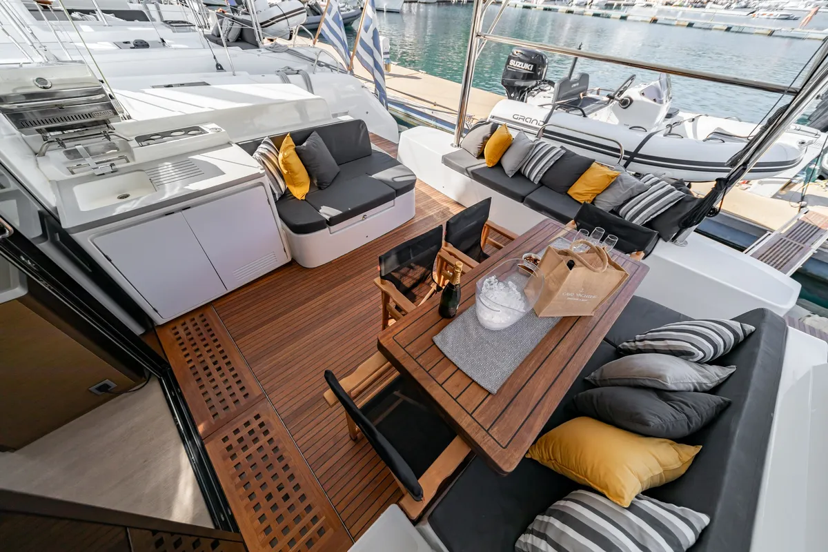 Deck of OZELO, a Lagoon 50 catamaran at Municipal Unit of Lefkada, Greece