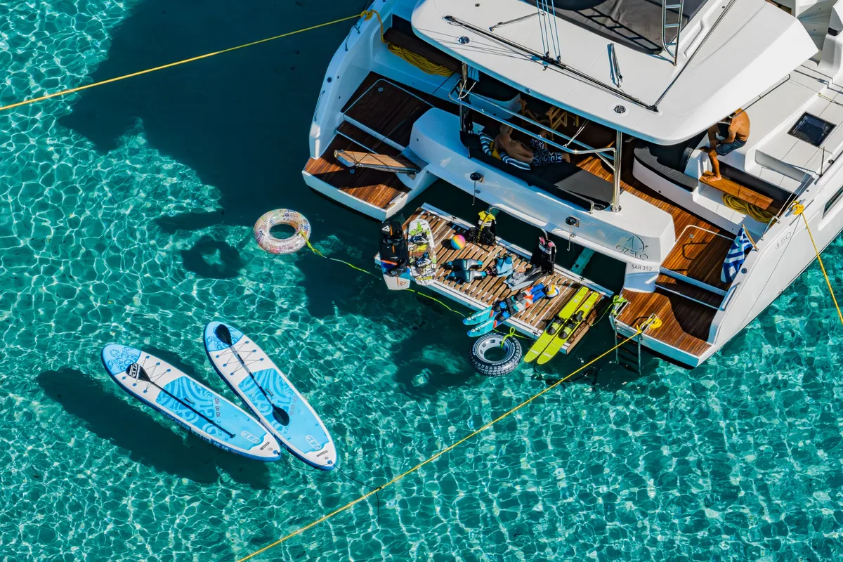 Exterior view of OZELO, a Lagoon 50 catamaran at Municipal Unit of Lefkada, Greece