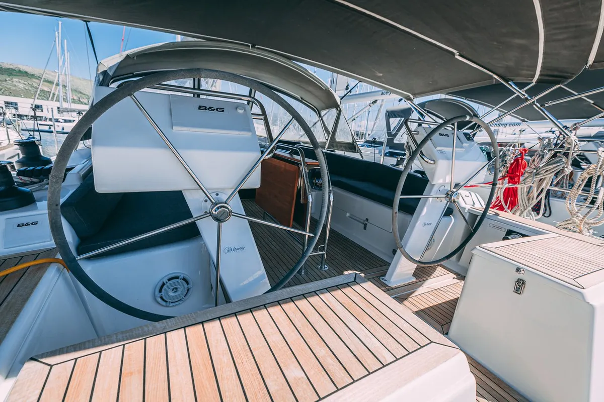 Cockpit of Diamond, a Hanse 455 sailboat at Seget Donji, Croatia