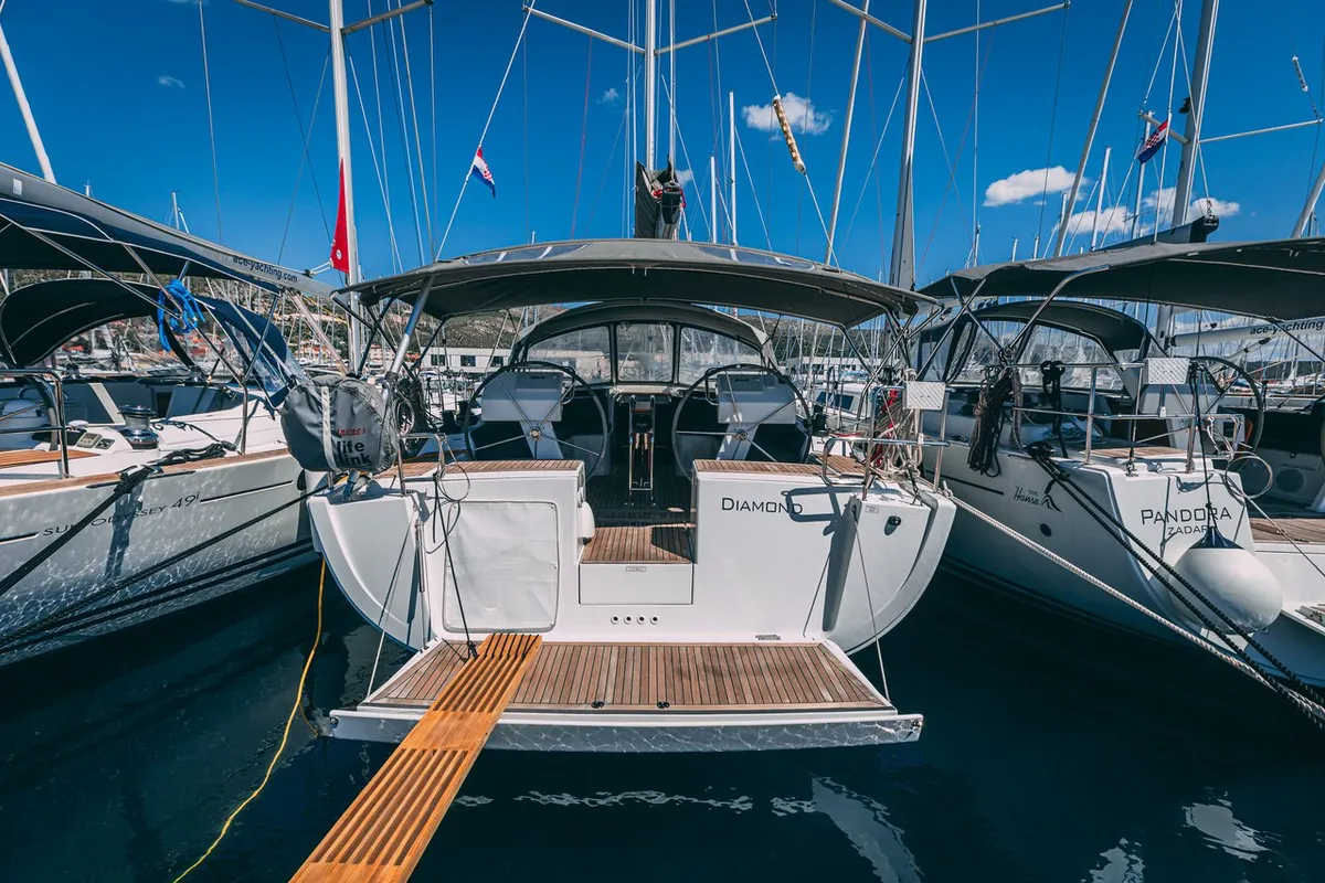 Cockpit of Diamond, a Hanse 455 sailboat at Seget Donji, Croatia