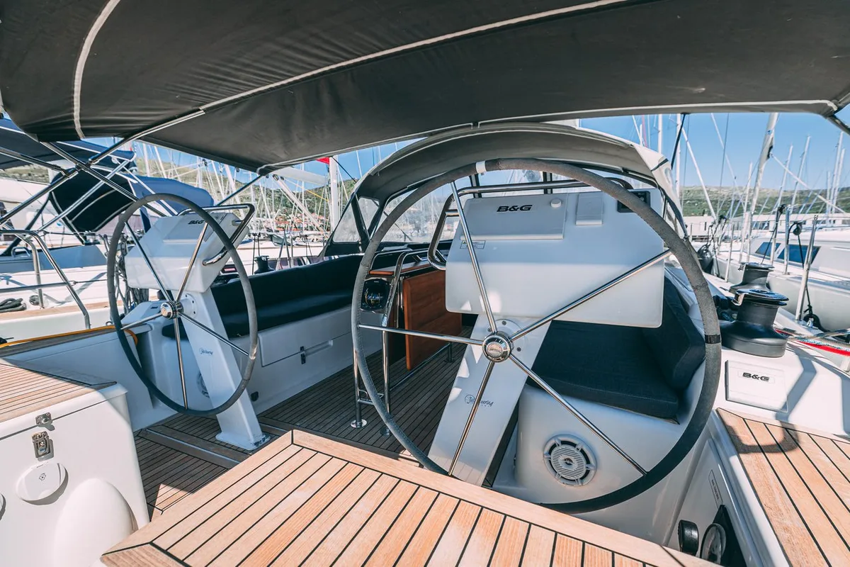 Cockpit of Diamond, a Hanse 455 sailboat at Seget Donji, Croatia