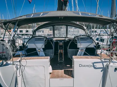 Cockpit of Diamond, a Hanse 455 sailboat at Seget Donji, Croatia