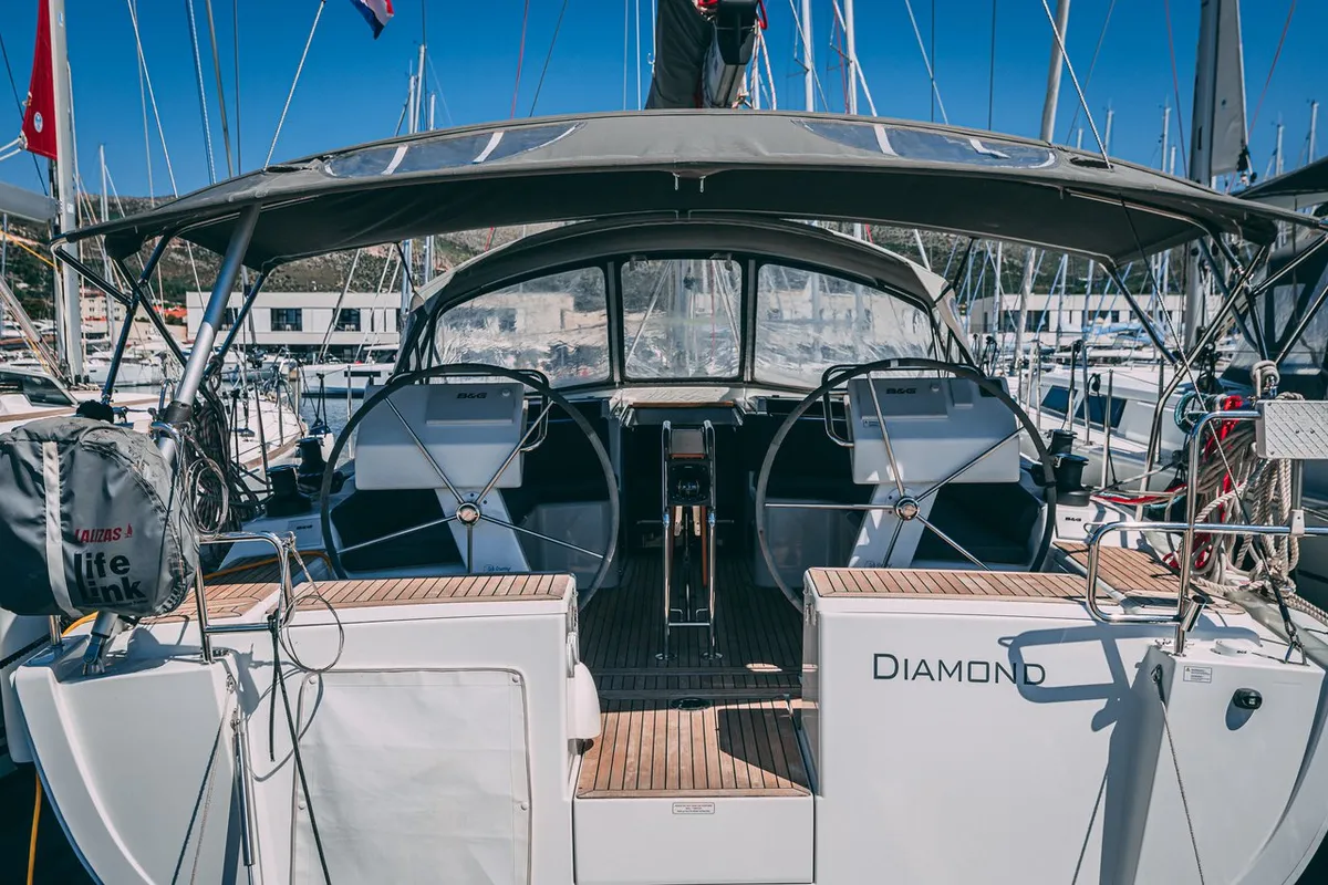 Cockpit of Diamond, a Hanse 455 sailboat at Seget Donji, Croatia