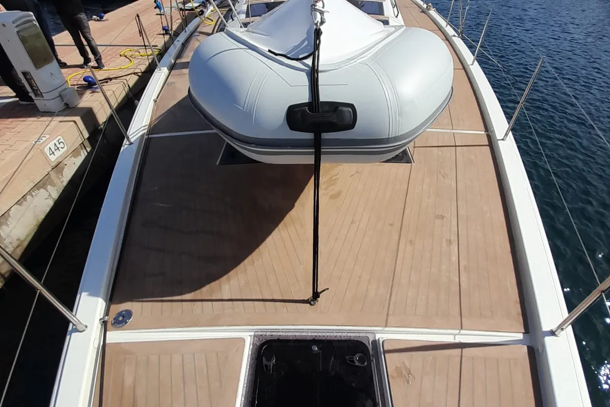 Deck of Rhamnus, a Dufour 530 sailboat at Olbia, Italy