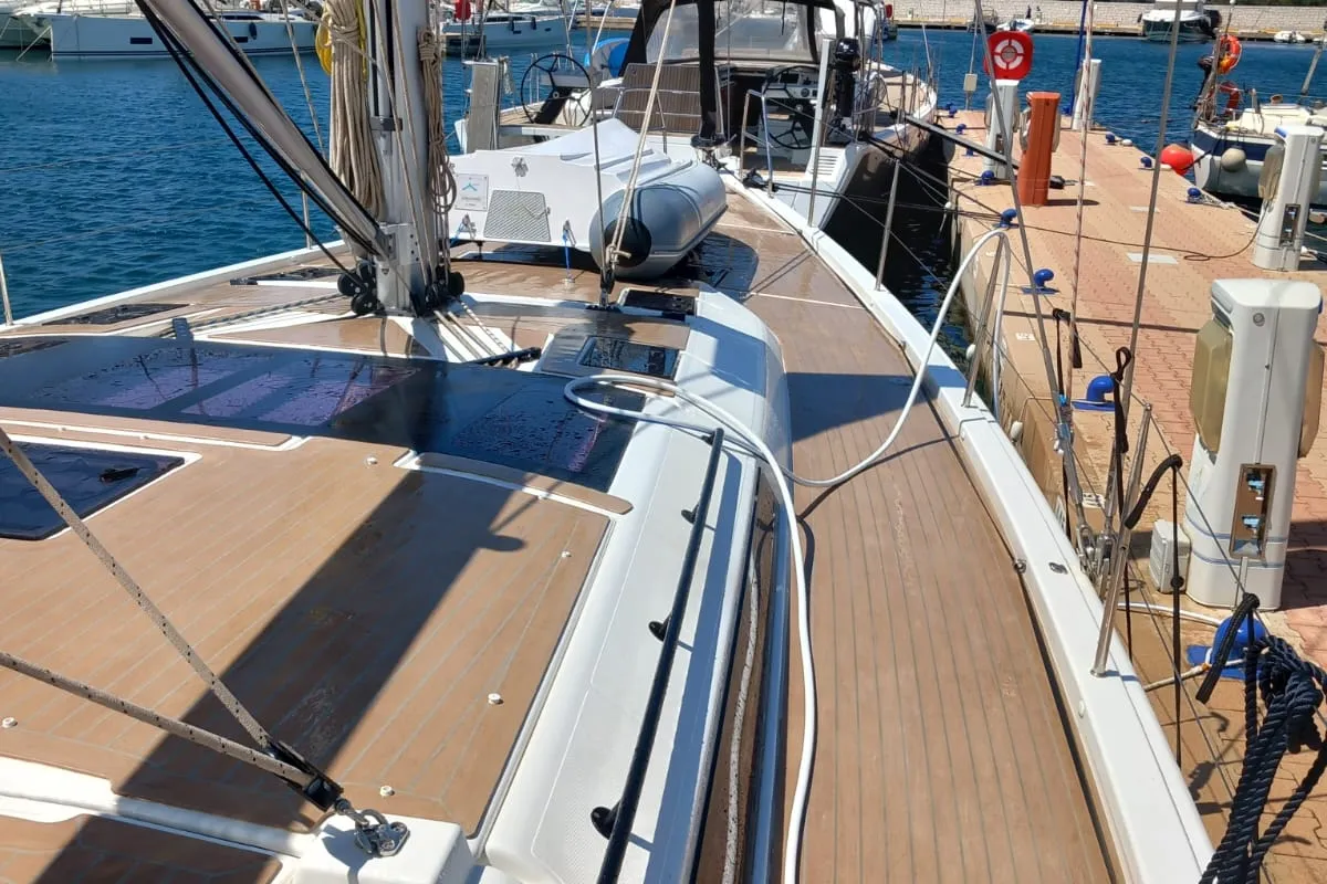 Deck of Rhamnus, a Dufour 530 sailboat at Olbia, Italy