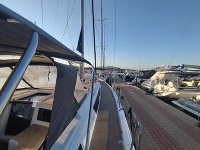 Deck of Rhamnus, a Dufour 530 sailboat at Olbia, Italy