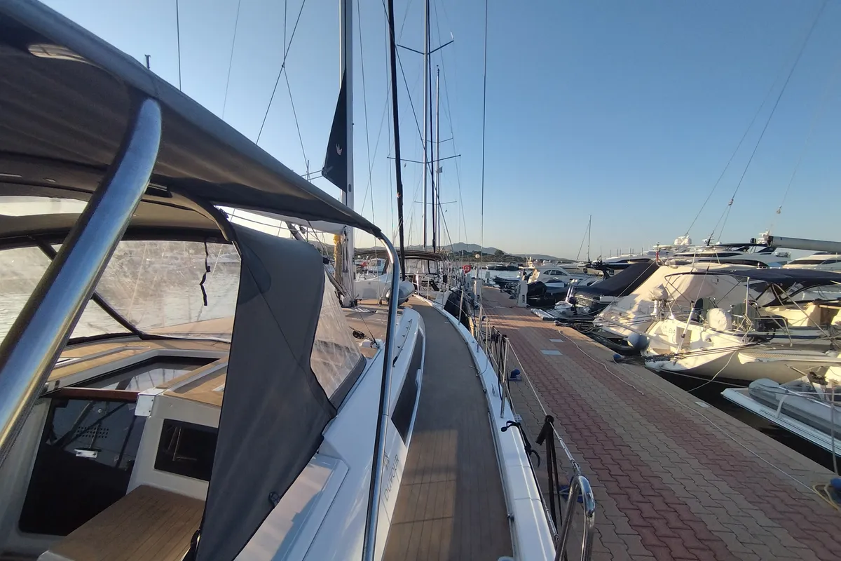 Deck of Rhamnus, a Dufour 530 sailboat at Olbia, Italy