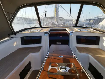 Cockpit of Rhamnus, a Dufour 530 sailboat at Olbia, Italy