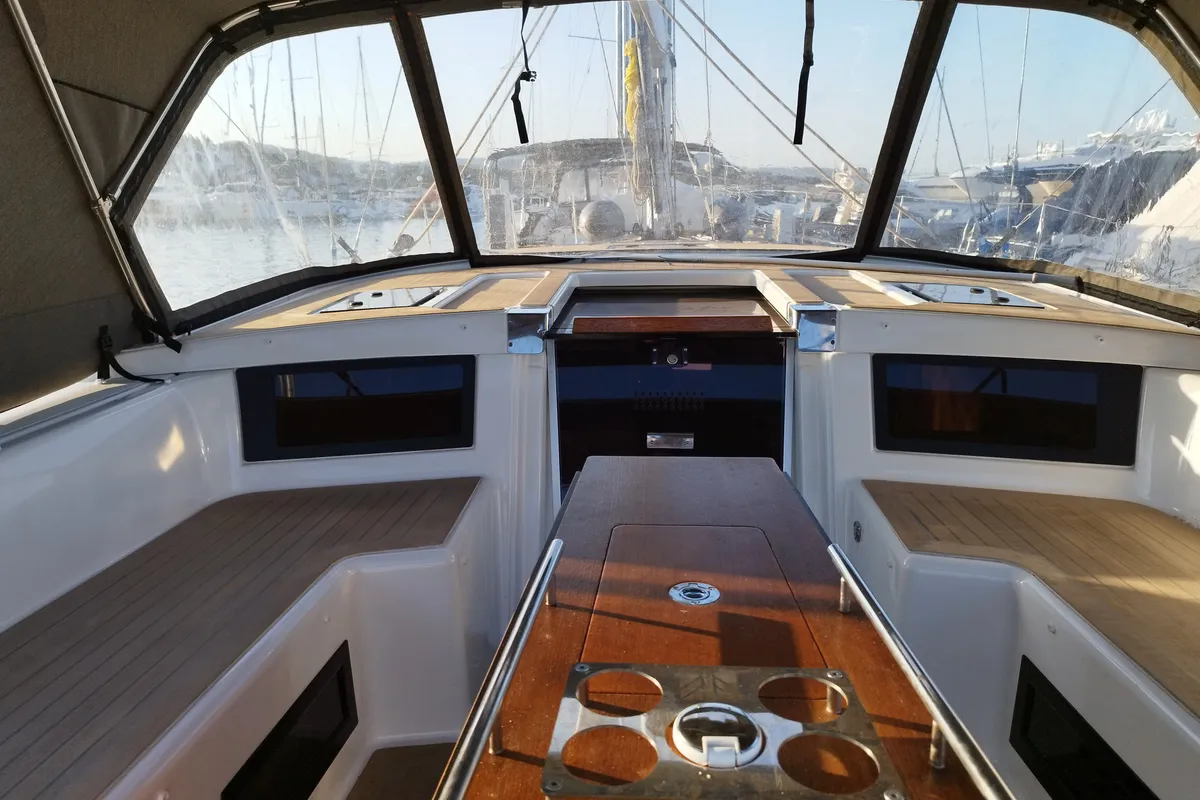 Cockpit of Rhamnus, a Dufour 530 sailboat at Olbia, Italy