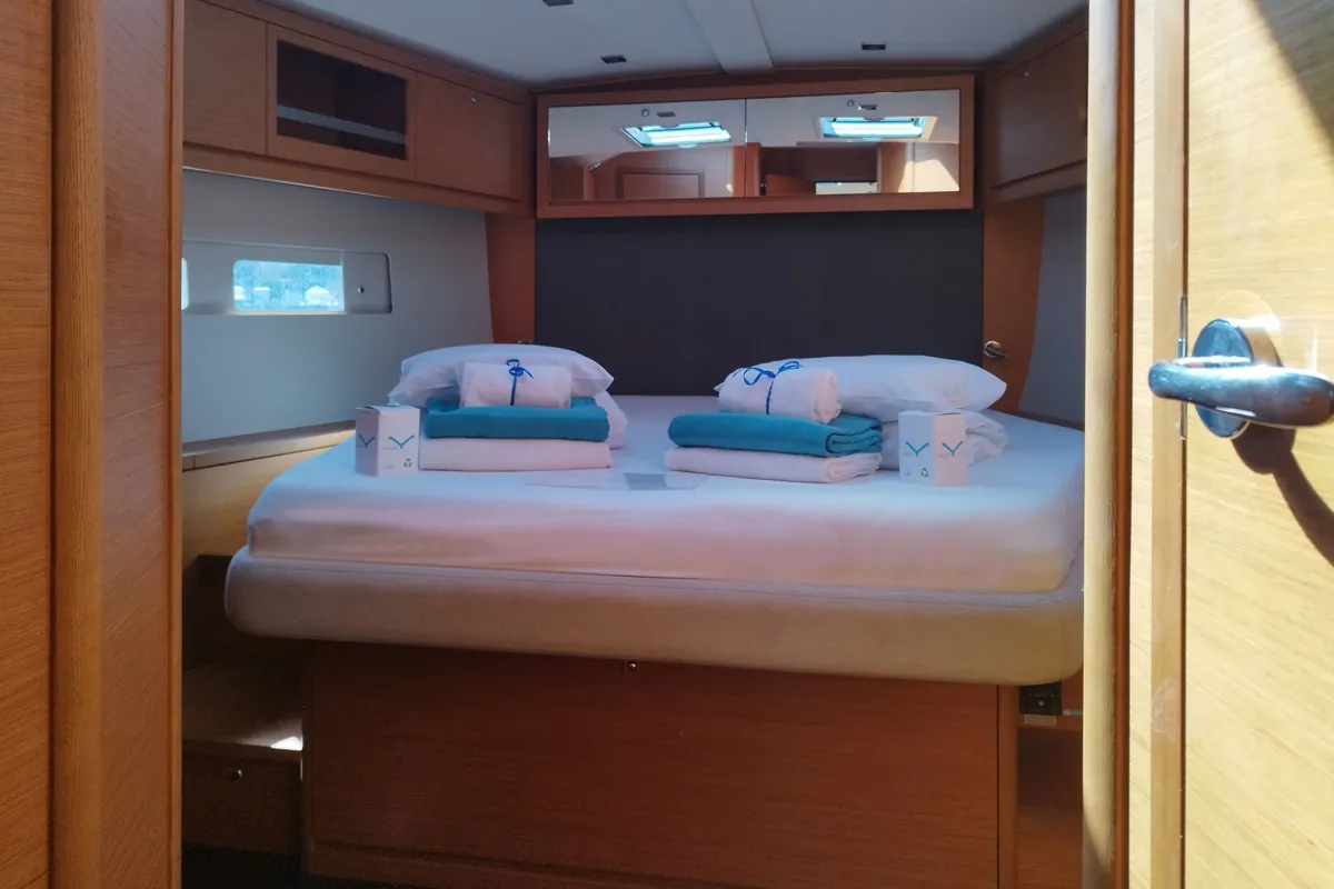 Cabin on Rhamnus, a Dufour 530 sailboat at Olbia, Italy