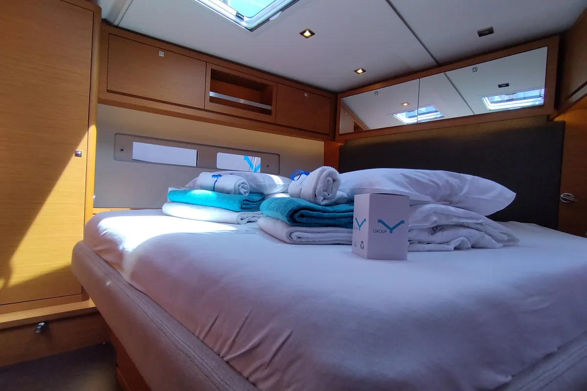Cabin on Rhamnus, a Dufour 530 sailboat at Olbia, Italy
