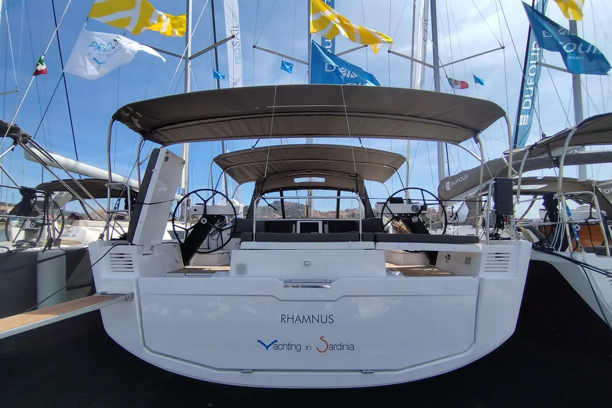 Cockpit of Rhamnus, a Dufour 530 sailboat at Olbia, Italy