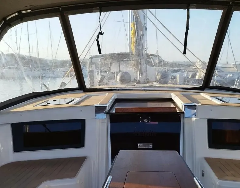 Cockpit of Rhamnus, a Dufour 530 sailboat at Olbia, Italy
