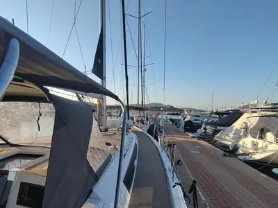 Deck of Rhamnus, a Dufour 530 sailboat at Olbia, Italy