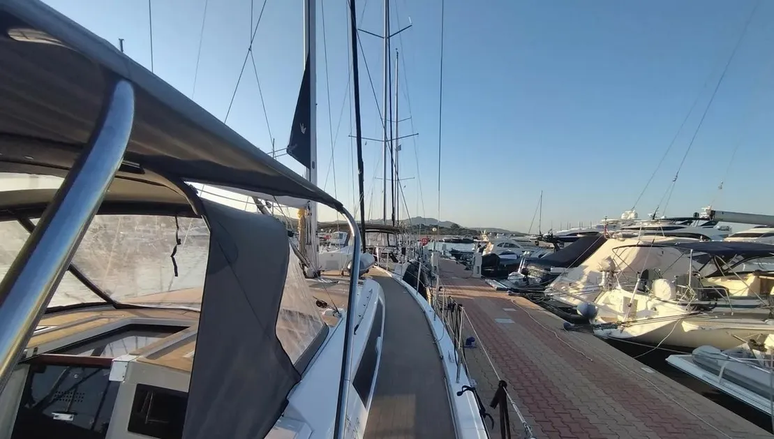 Deck of Rhamnus, a Dufour 530 sailboat at Olbia, Italy