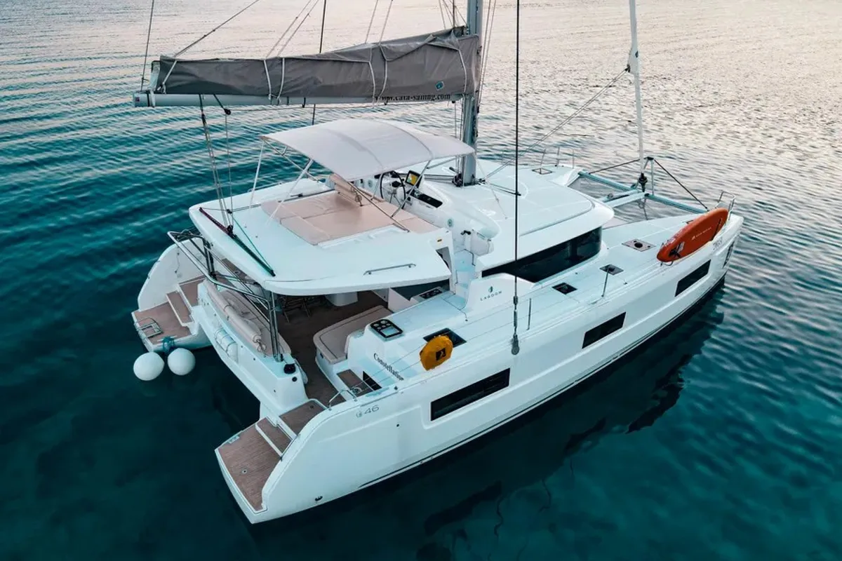 Exterior view of My Elli, a Lagoon 46 catamaran at Sant Antoni de Portmany, Spain
