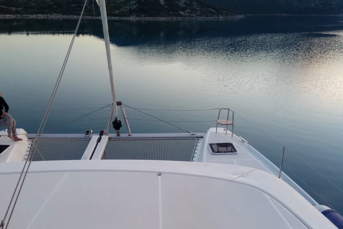 Deck of Euphoria, a Lagoon 42 catamaran at Municipal Unit of Lefkada, Greece