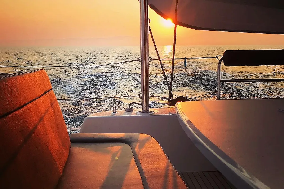Deck of Euphoria, a Lagoon 42 catamaran at Municipal Unit of Lefkada, Greece
