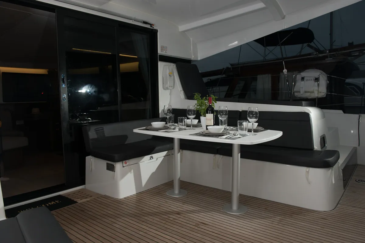 Deck of Euphoria, a Lagoon 42 catamaran at Municipal Unit of Lefkada, Greece