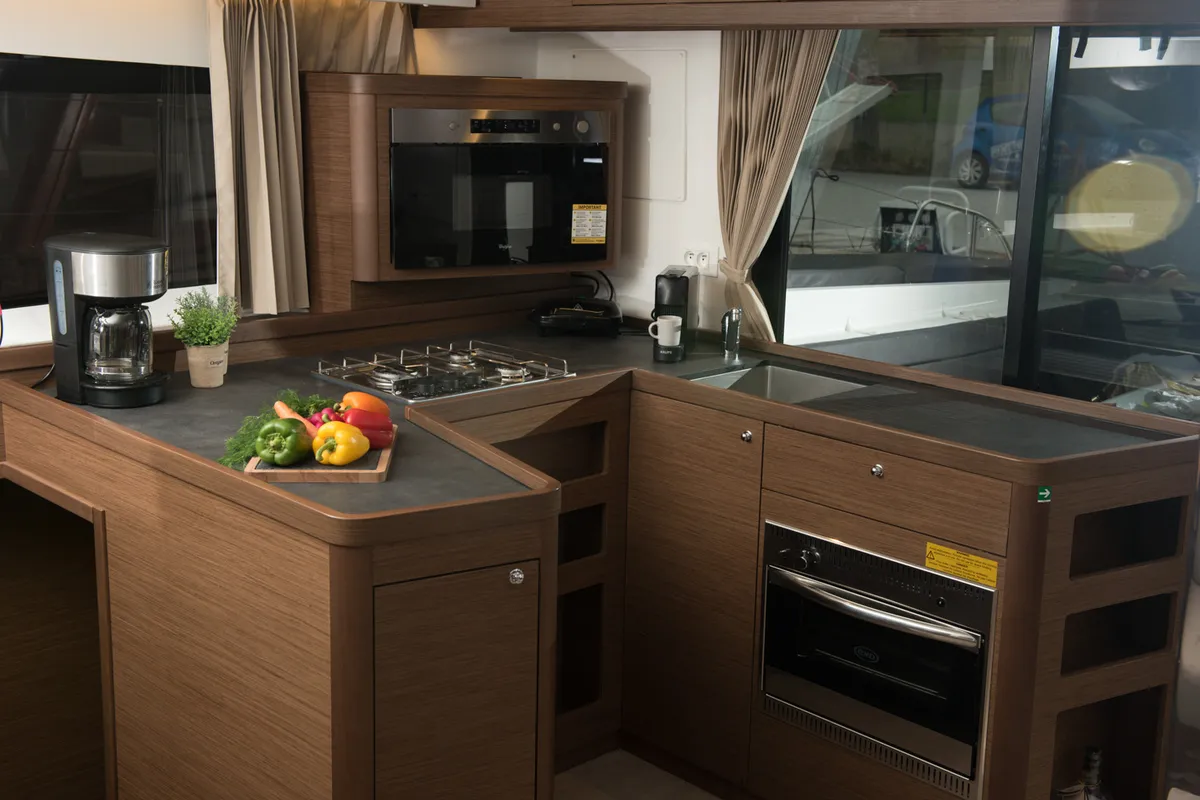 Galley of Euphoria, a Lagoon 42 catamaran at Municipal Unit of Lefkada, Greece