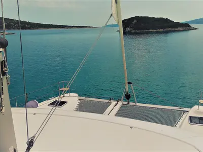 Deck of Euphoria, a Lagoon 42 catamaran at Municipal Unit of Lefkada, Greece