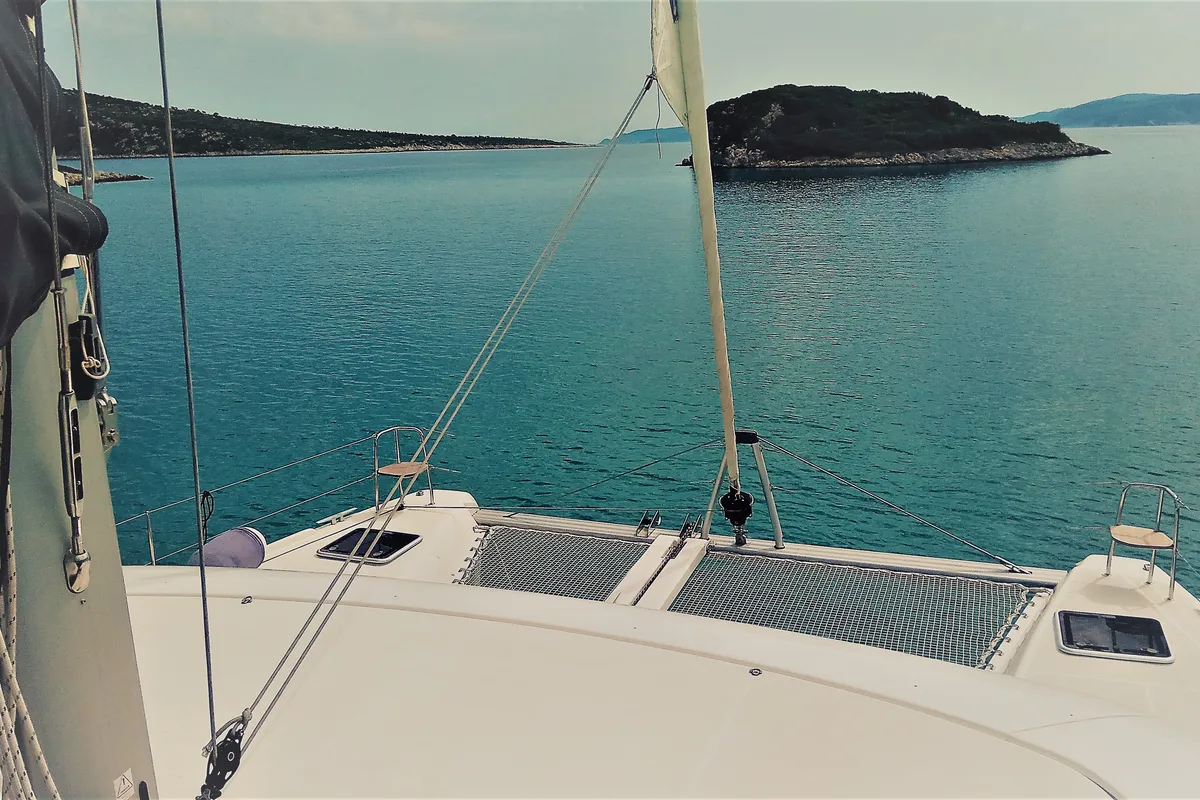 Deck of Euphoria, a Lagoon 42 catamaran at Municipal Unit of Lefkada, Greece