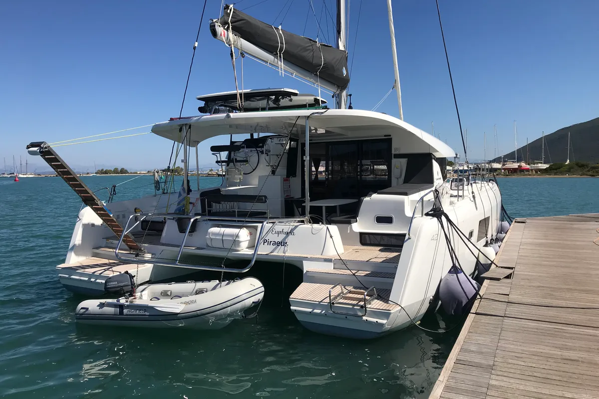 Exterior view of Euphoria, a Lagoon 42 catamaran at Municipal Unit of Lefkada, Greece
