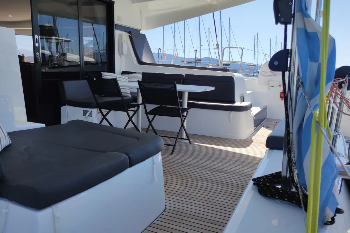 Deck of Euphoria, a Lagoon 42 catamaran at Municipal Unit of Lefkada, Greece