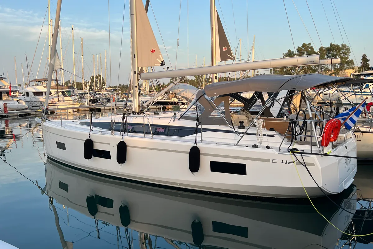 Exterior view of Sofia, a Bavaria C42 sailboat at Kontokali, Greece
