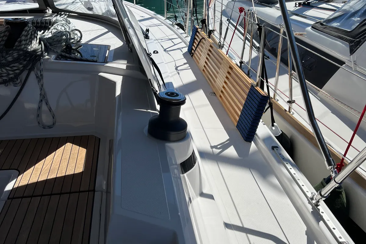 Deck of Sofia, a Bavaria C42 sailboat at Kontokali, Greece