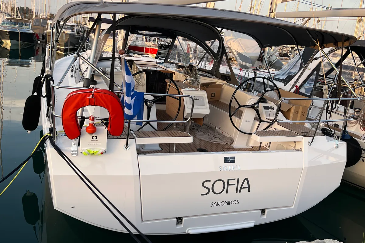 Exterior view of Sofia, a Bavaria C42 sailboat at Kontokali, Greece