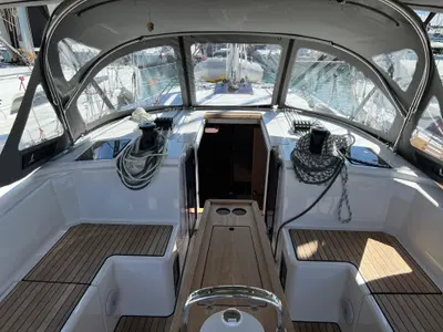 Deck of Sofia, a Bavaria C42 sailboat at Kontokali, Greece
