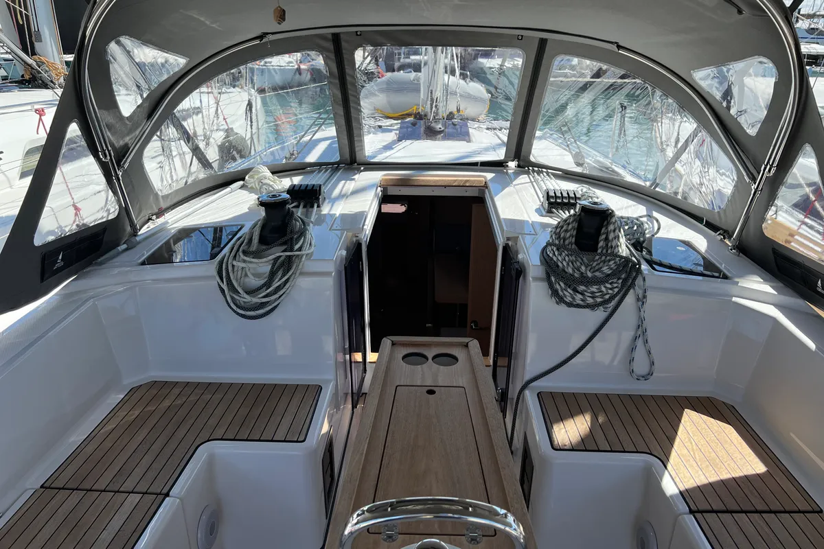 Deck of Sofia, a Bavaria C42 sailboat at Kontokali, Greece