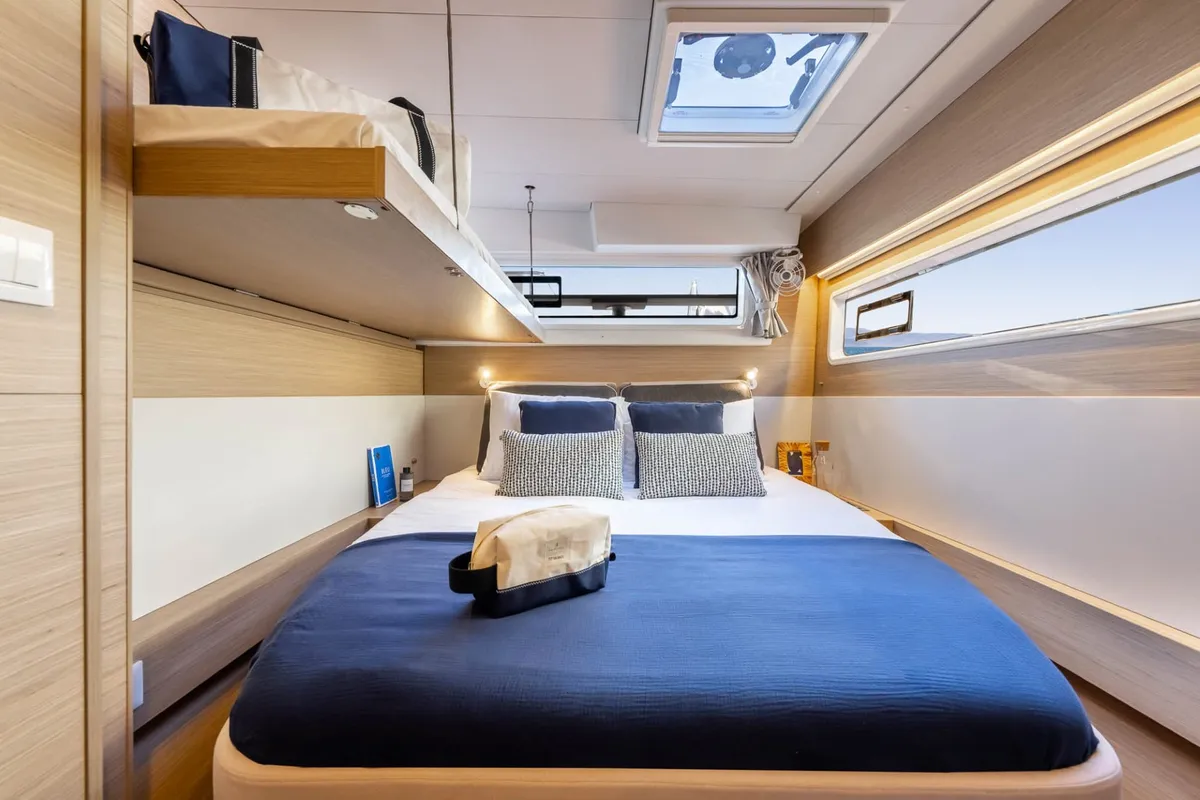 Cabin on Premium, a Lagoon 43 catamaran at Trapani, Italy