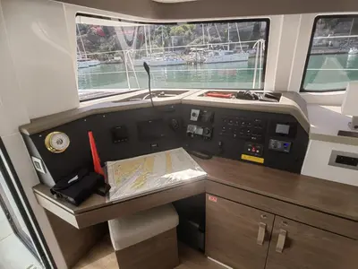 Cockpit of Nanann, a Bali 4.4 catamaran at Road Town, British Virgin Islands